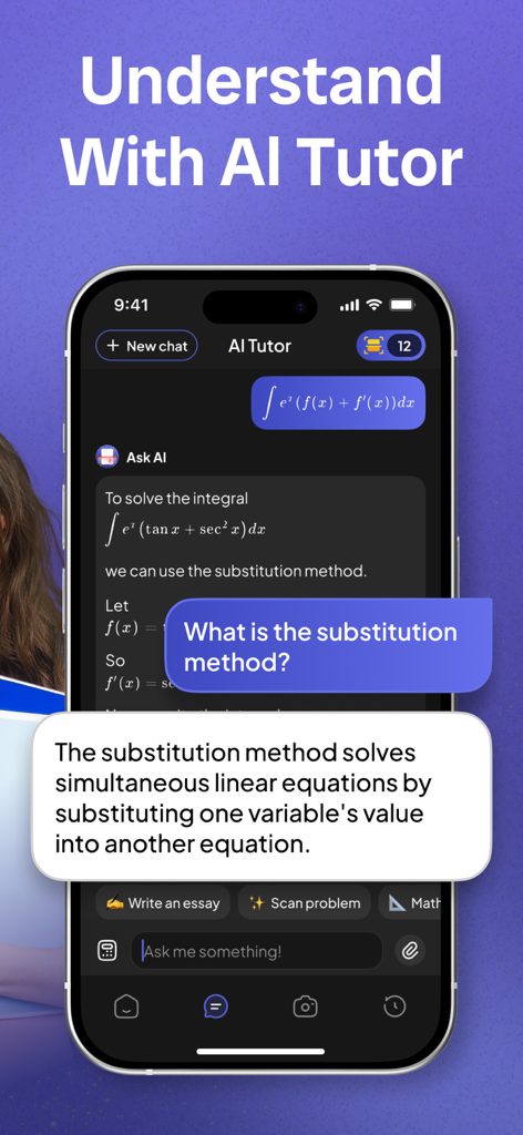 Ghelper: AI Study Companion - Ghelper app screen showing a chat with an AI tutor explaining a math substitution method