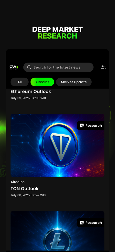 CryptoWave Media - CryptoWave Media app interface displaying deep market research for altcoins like TON and Ethereum