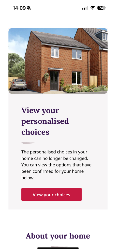 Screenshot of Taylor Wimpey Touchpoint app showing the personalised choices screen with a modern brick house image