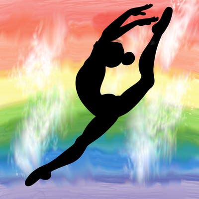 gymnast doing a leap in a leotard with a bent back leg