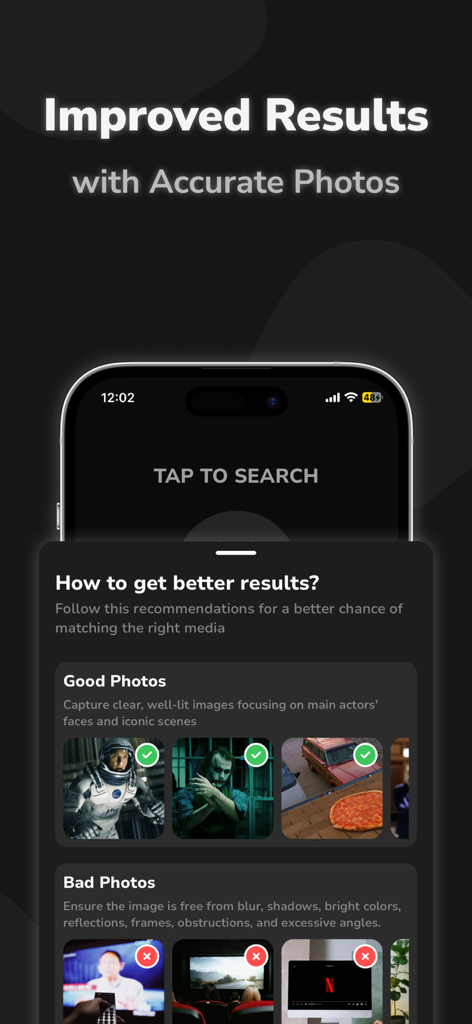 Movie Finder by Image or Video - Flicksアプリの画面。正確な映画検索結果を得るための、良い写真と悪い写真の例を示しています。