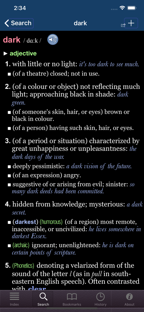 Oxford Dictionary of English. - Oxford Dictionary of English app interface showing a word definition in dark mode