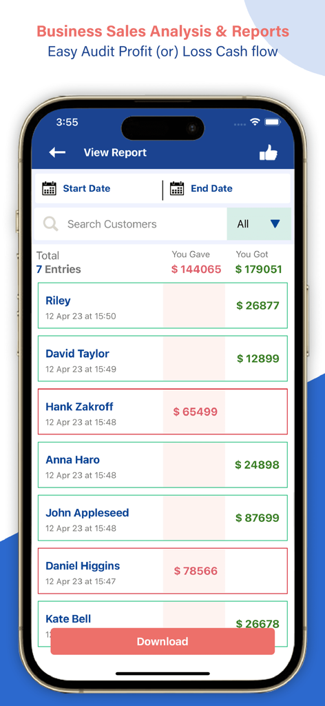 Ledger Book Expense Manager - Interface do aplicativo móvel mostrando um relatório de análise de vendas de negócios com transações de clientes e dados de fluxo de caixa de lucros e perdas.