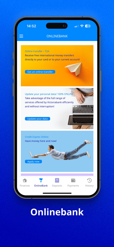 VB24 Mobile app Onlinebank screen displaying international money transfer and credit options