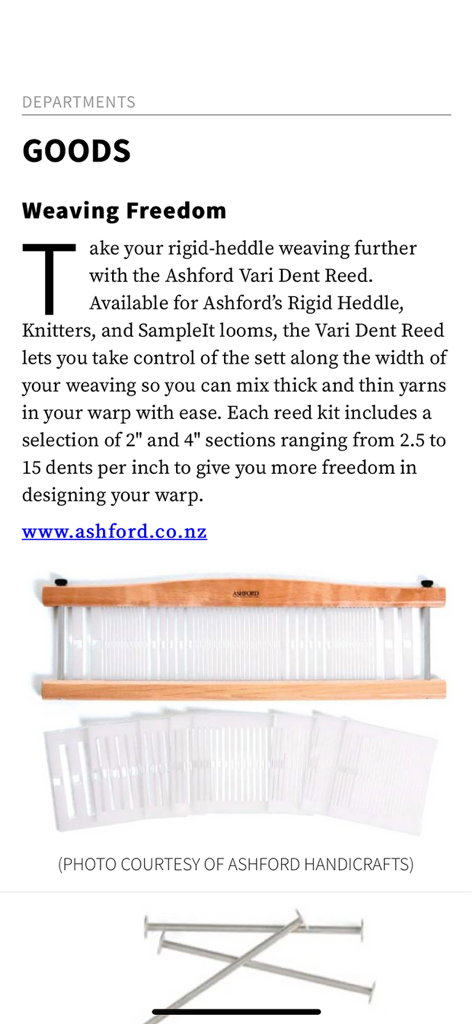 Handwoven - Article in the Handwoven magazine app about the Ashford Vari Dent Reed for looms.