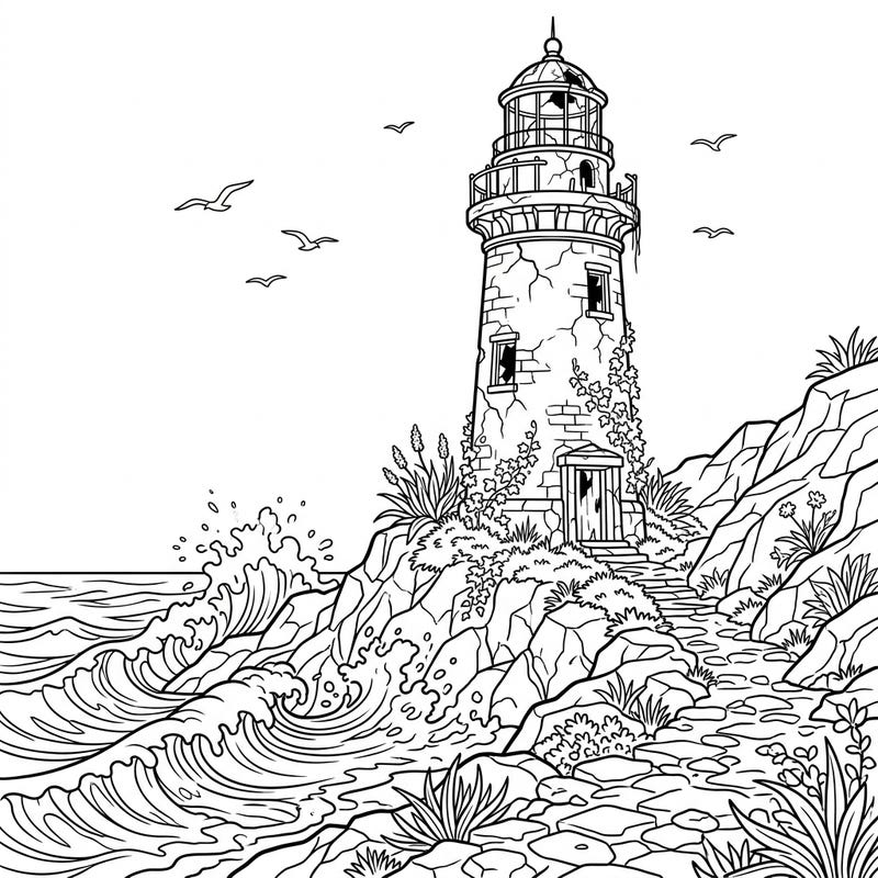 Step into a world of forgotten maritime history with this captivating abandoned lighthouse coloring page. Featuring intricate details of a weathered tower on a dramatic coastline, it offers a unique and engaging artistic escape.