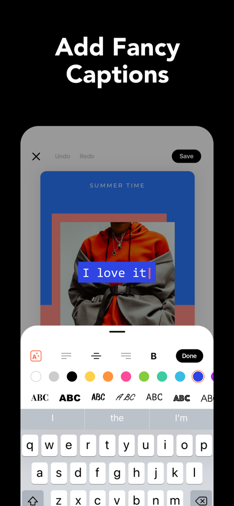 IG: Story Maker & Insta Editor - Interface of the IG Story Maker app showing a user adding a custom text caption to a photo