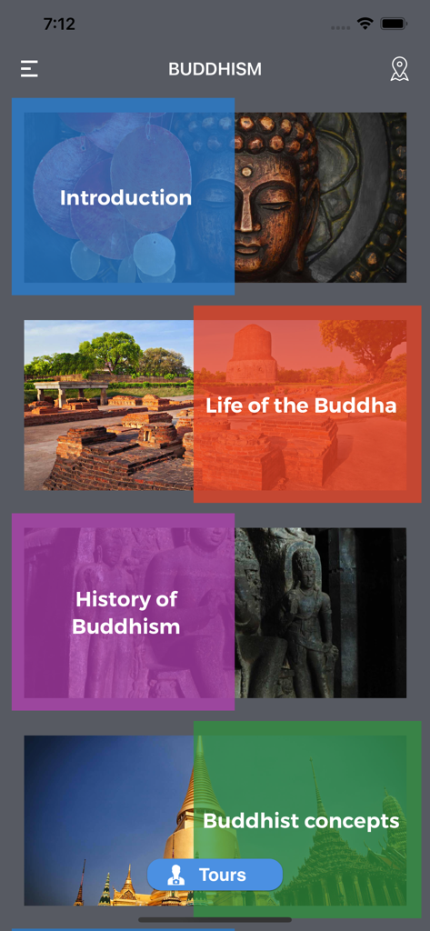 Buddhism Complete Guide - Menú principal de la aplicación Guía Completa del Budismo mostrando categorías educativas como Historia del Budismo y Vida de Buda.