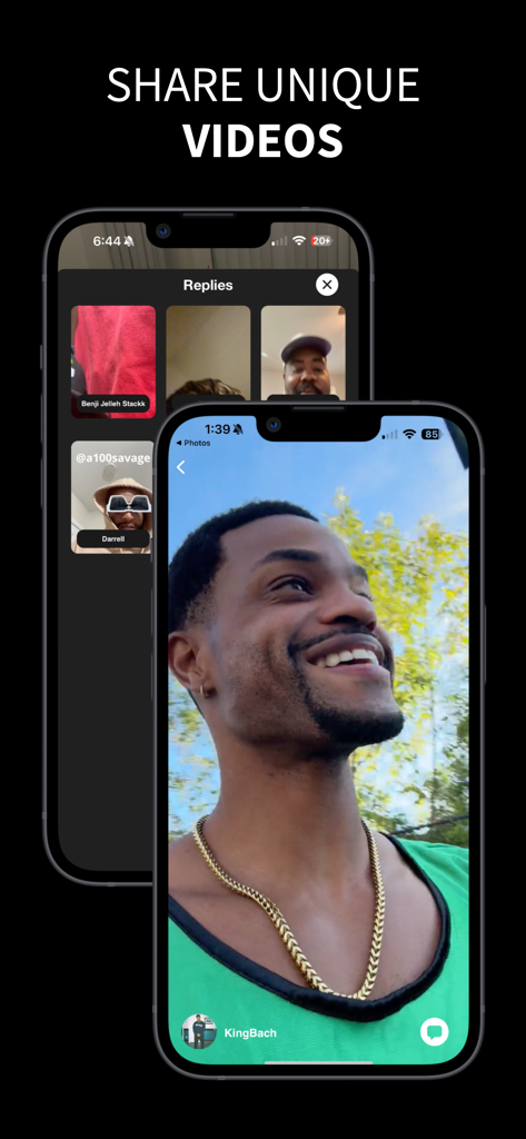 Two smartphones displaying the Reinbow app featuring a man smiling in a video and a section for video replies