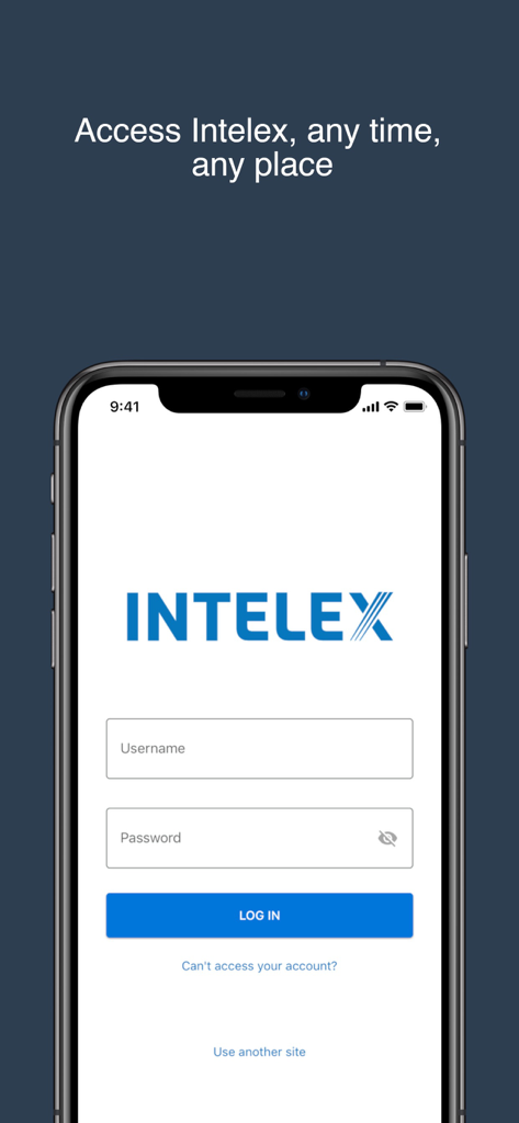 Intelex Mobile - Interface de connexion de l'application Intelex Mobile avec des champs de saisie de nom d'utilisateur et de mot de passe