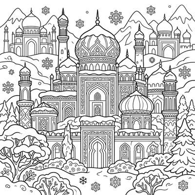 Step into a majestic winter scene with this Sultan's Palace coloring page, where grand Islamic architecture meets a serene snowy landscape. Adorn intricate domes and delicate snowflakes with your favorite colors for a truly enchanting experience.