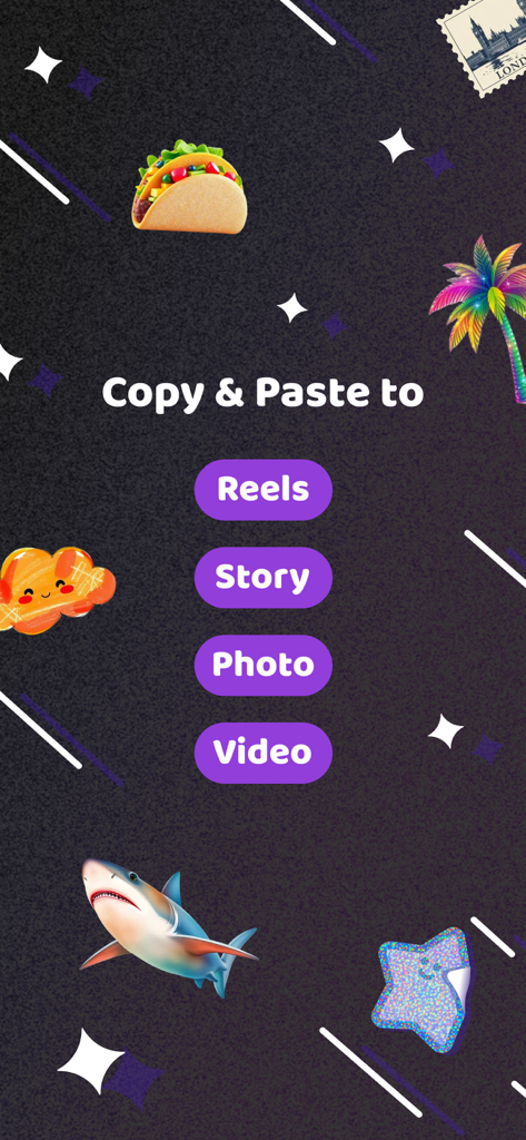 StickerGenie: AI Sticker Maker - Pantalla de la aplicación StickerGenie mostrando opciones de exportación a Reels, Story, Foto y Video con varios stickers personalizados con IA