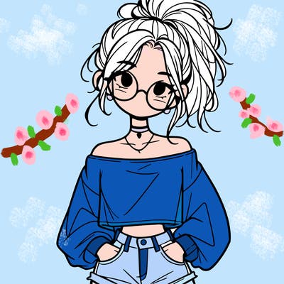 girl with a messy ponytail glasses a baggy crop top and jean shorts