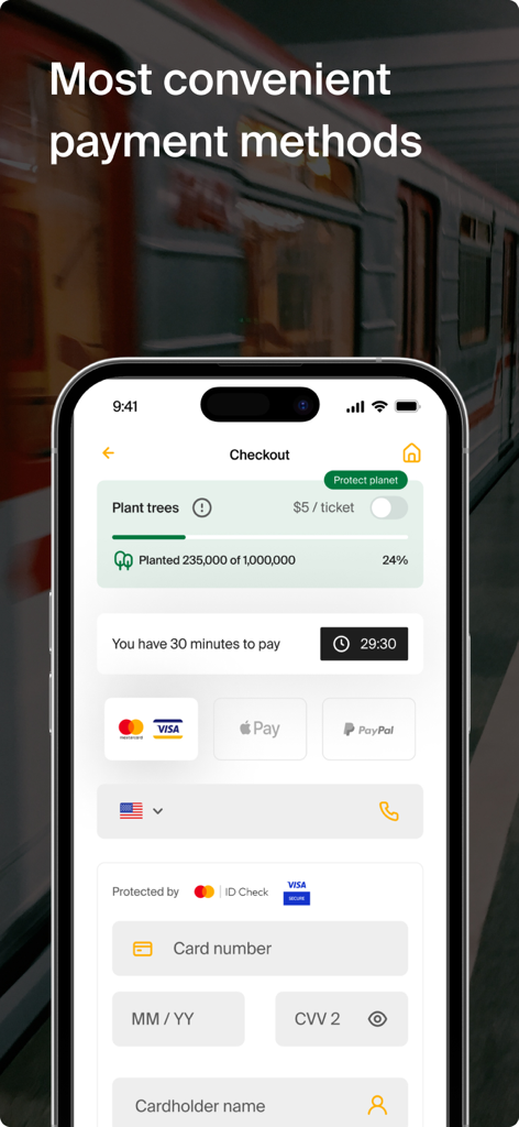 Rail Ninja: Train Tickets - Rail Ninja app checkout screen showing payment options including Apple Pay and credit cards with a secure checkout interface.