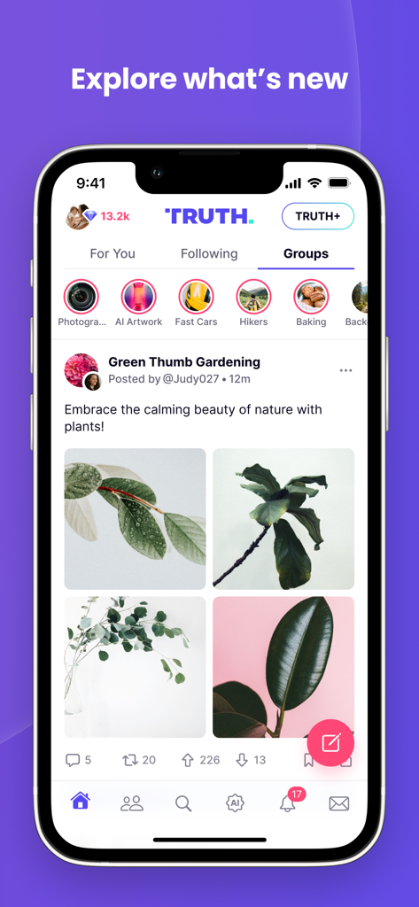 Truth Social - Interfaz de la aplicación Truth Social que muestra el feed de grupos con una publicación sobre jardinería
