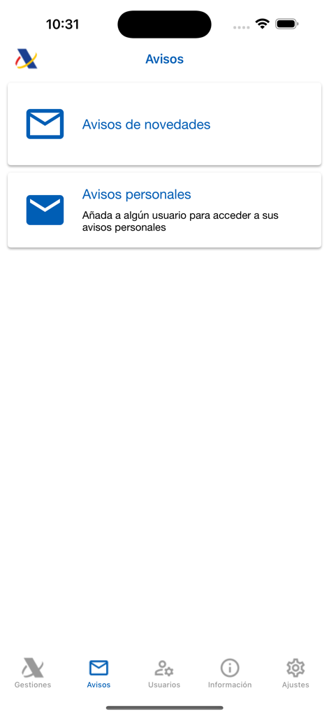 AEAT app notifications screen displaying news alerts and personal notices
