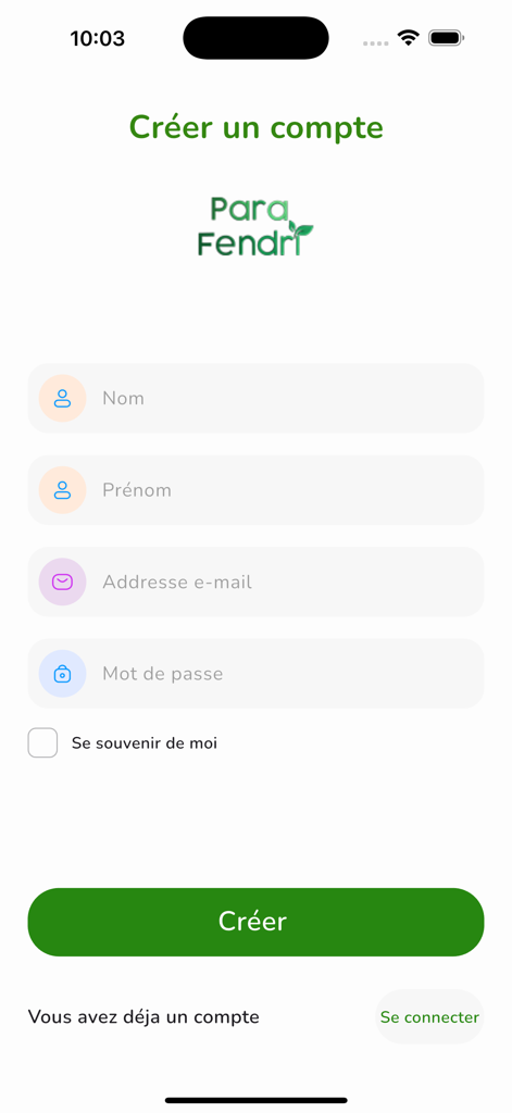 Para Fendri - Sign up page for the Para Fendri fashion app featuring fields for name email and password