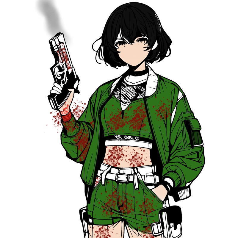 realistic anime girl with a gun wearing a crop top and a jacket and short jeans
