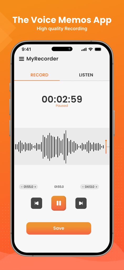 The voice memos app - Interfaz de La aplicación de notas de voz que muestra una grabación de audio de alta calidad activa con forma de onda y botón de pausa
