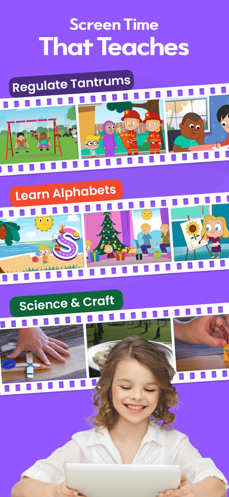 SKIDOS Learning Games for Kids - Gráfico que muestra módulos educativos para el aprendizaje del alfabeto, ciencia, manualidades y regulación socioemocional para niños