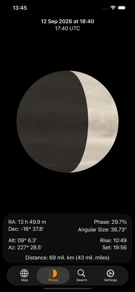 Venus Atlas - 金星アトラスアプリのスクリーンショットで、現在の金星の位相と天文座標およびデータが表示されています。