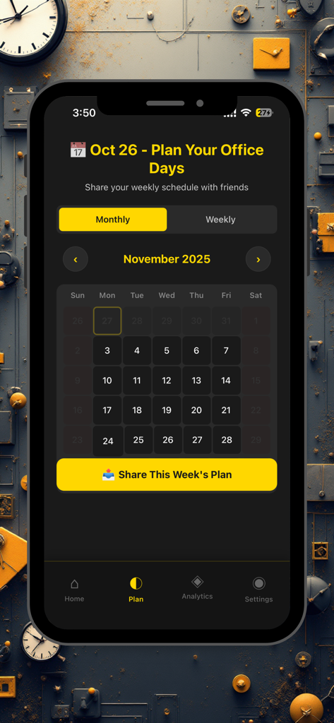 Monthly calendar view in the Hybrid Office Tracker app for planning office days and sharing schedules.