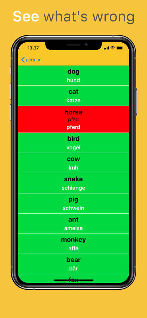 Learn It app screen showing correct and incorrect vocabulary answers highlighted in green and red