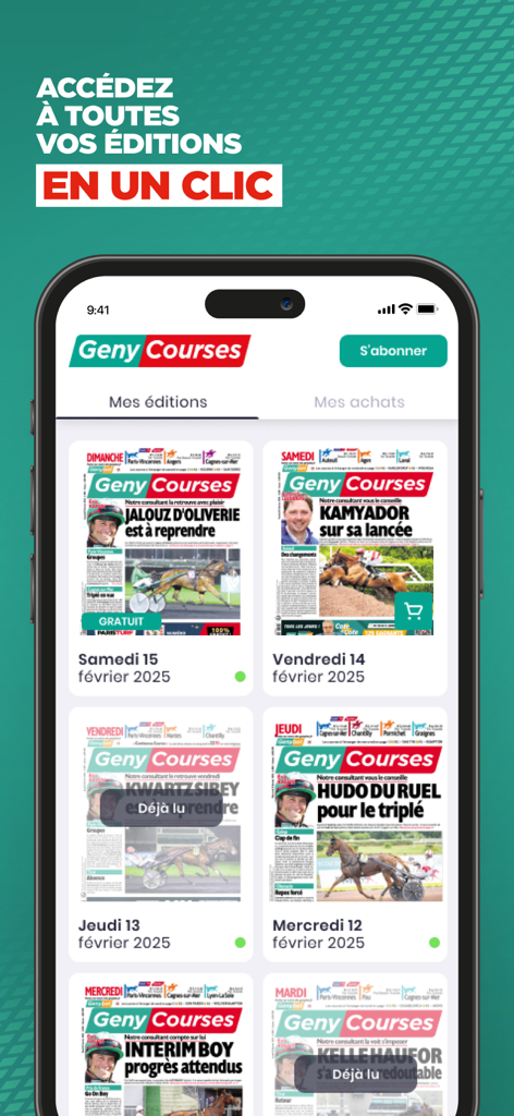 Geny Courses: pronostic quinté - Geny Courses 앱 인터페이스에 일일 경마 잡지 모음 표시