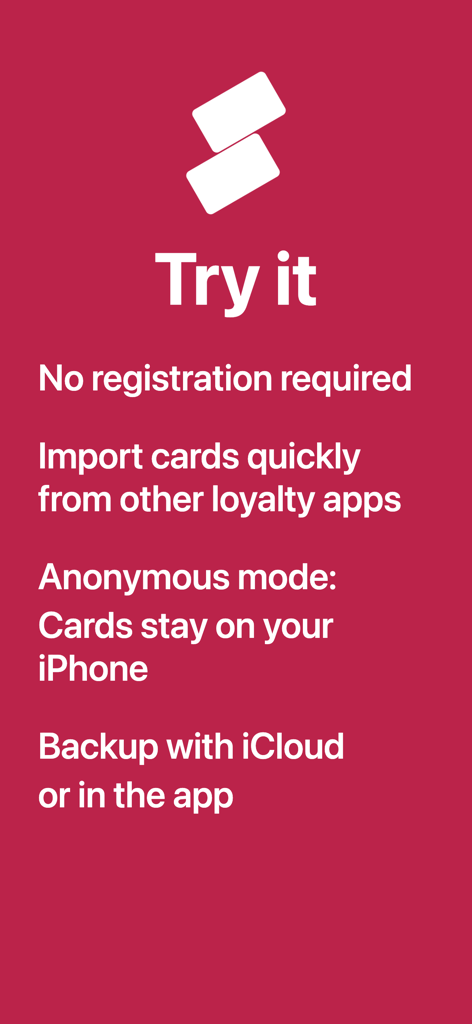 SuperCards: Store Card - Screenshot of SuperCards app features highlighting no registration anonymous mode and iCloud backup.