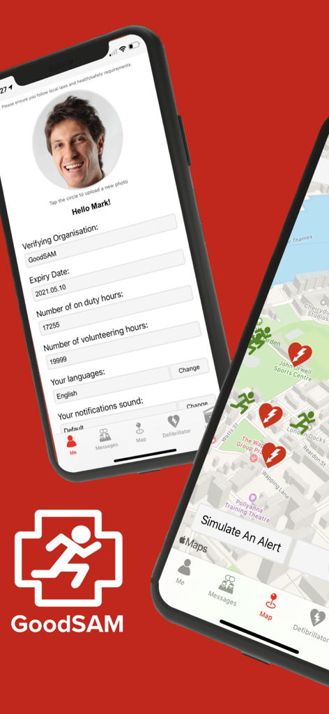GoodSAM Responder - Screenshots of the GoodSAM Responder app displaying a user profile and an emergency response map with defibrillator locations