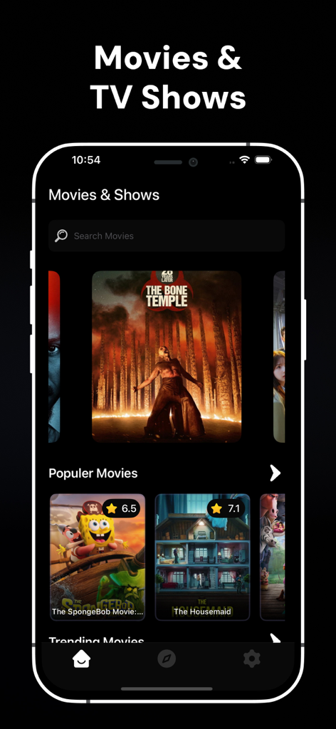 Rave - Movies & TV Shows - Écran d'accueil de l'application de films Rave montrant les titres populaires et les notes