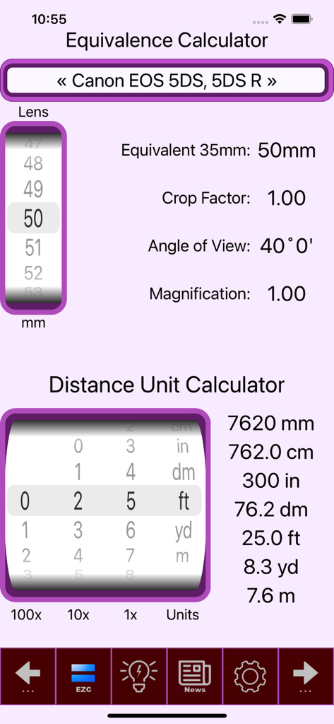 Interface of SetMyCamera app showing lens equivalence and distance unit conversion calculators for photographers
