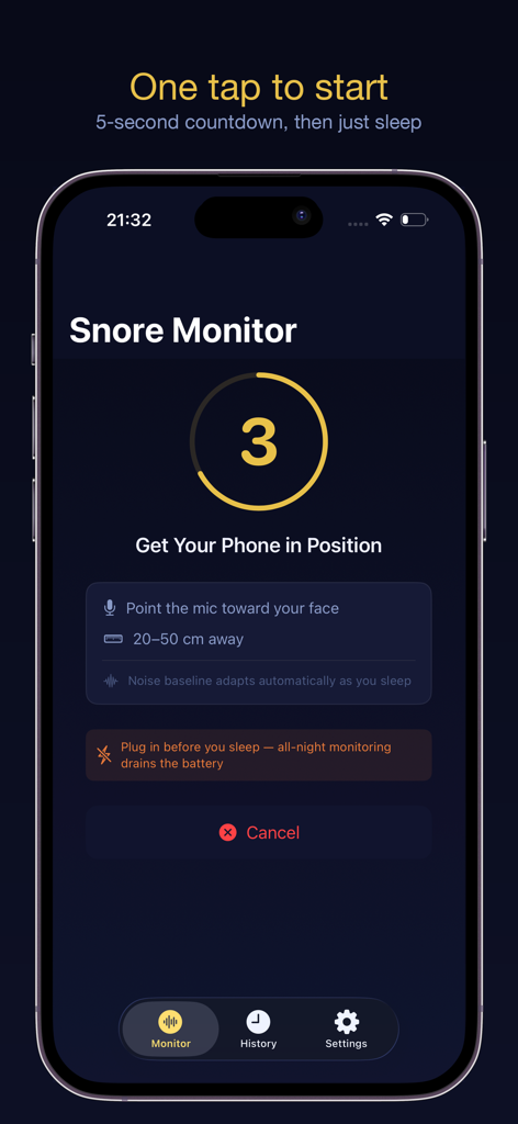NightSnore - NightSnore app screen showing a three second countdown and instructions for positioning the phone to start sleep monitoring