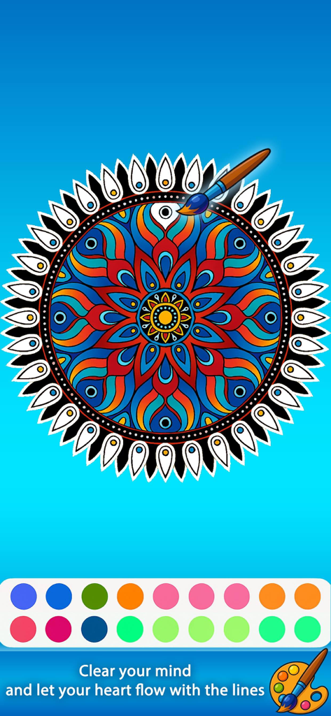 Creative Colors -Color & Relax - A digital mandala being colored with a paintbrush tool above a vibrant color palette in the Creative Colors app