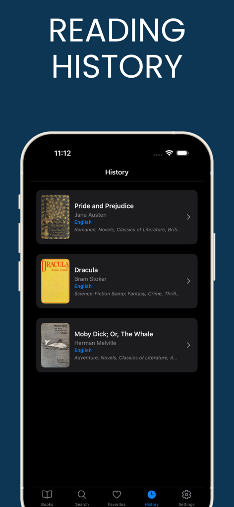 Schermata della cronologia di lettura dell'app Progetto Gutenberg Ebooks con titoli classici come Orgoglio e Pregiudizio e Dracula.