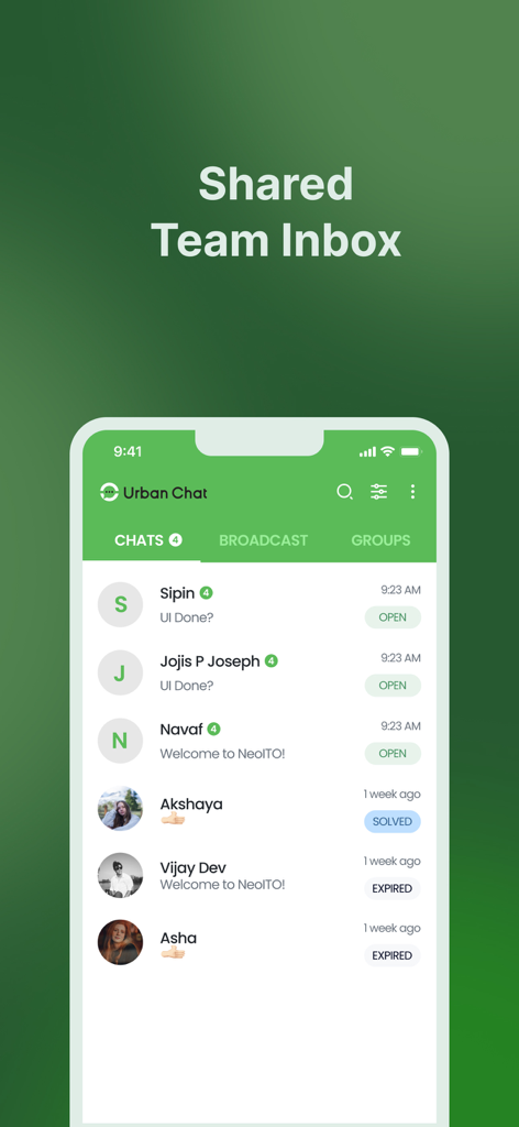 Urban Chat Bot - Interfaz de la aplicación móvil Urban Chat Bot mostrando una bandeja de entrada compartida del equipo con una lista de chats de clientes e indicadores de estado