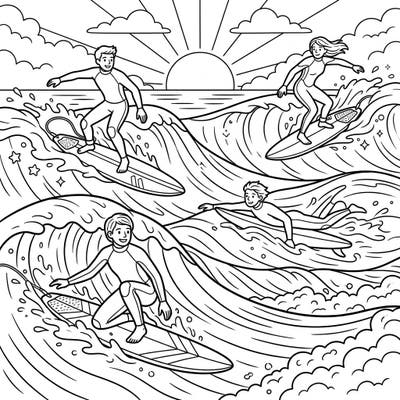 Dive into a world of ocean adventure with this exciting longboard surfers coloring page, specially designed for kids! Watch as cheerful young riders conquer the waves under a bright sun, ready for your creative touch.