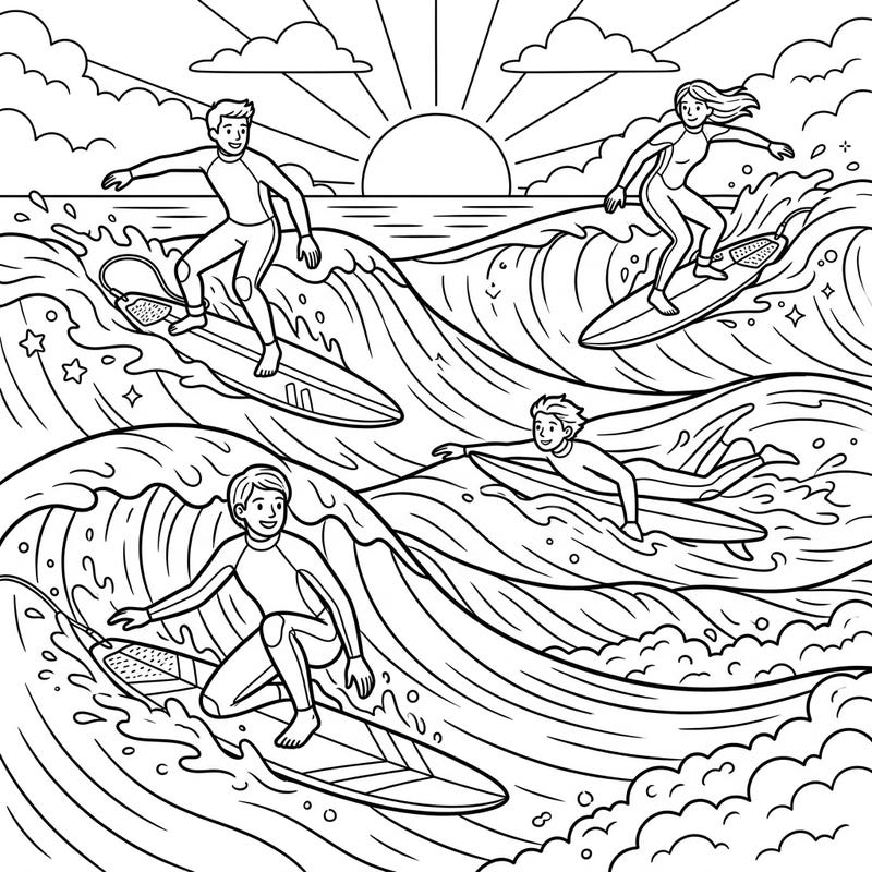 Dive into a world of ocean adventure with this exciting longboard surfers coloring page, specially designed for kids! Watch as cheerful young riders conquer the waves under a bright sun, ready for your creative touch.