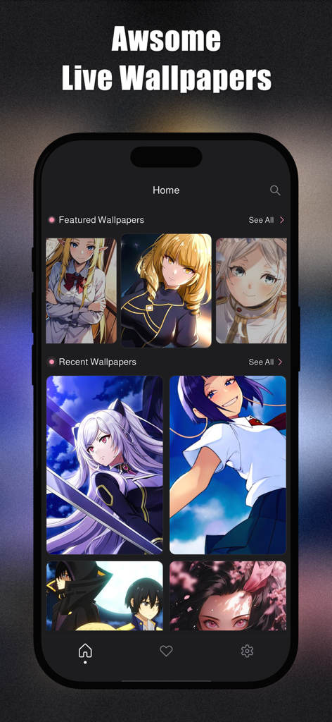 Anime Girl Wallpaper 4K | HD - Anime Girl Wallpaper 4K app home screen displaying featured and recent anime backgrounds