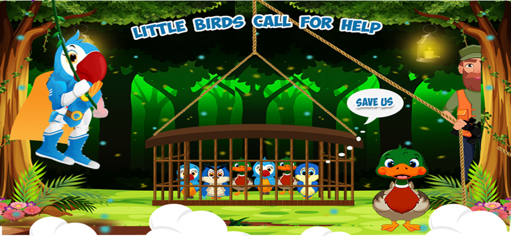 Superhero Bird VS Hunter - A blue superhero bird in a costume flying near a cage of trapped birds in a jungle