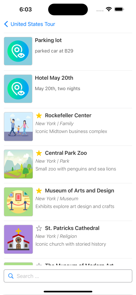 주차, 호텔, 범주별 관광 명소를 포함한 저장된 여행 마커 목록을 보여주는 모바일 앱 스크린샷