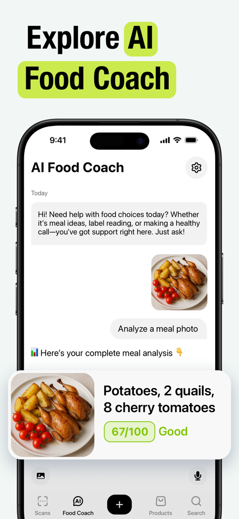 Healthy Food Scanner - OnFork - OnForkアプリインターフェースには、AIフードコーチの食事分析と栄養スコアが表示されています