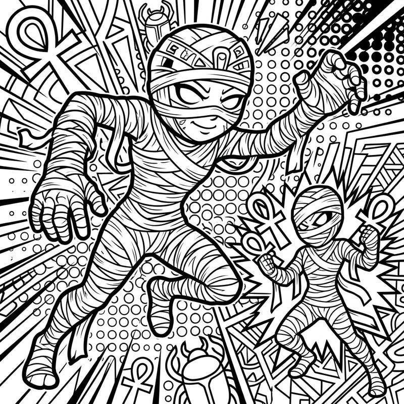 Prepare for an epic coloring journey with our dynamic Fantasy Mummies in a striking Pop Art style. This action-packed design blends ancient mystique with modern comic book flair, offering an exciting challenge for colorists of all ages.