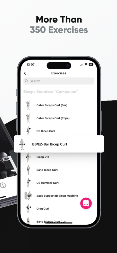 NOEX Training Platform - Biblioteca de exercícios da Plataforma de Treino NOEX mostrando uma lista de variações de bíceps e opções de treino