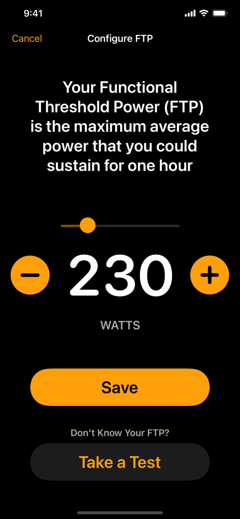 FTP Zones - Interfaz para establecer la Potencia Umbral Funcional en vatios con una opción de "realizar prueba".