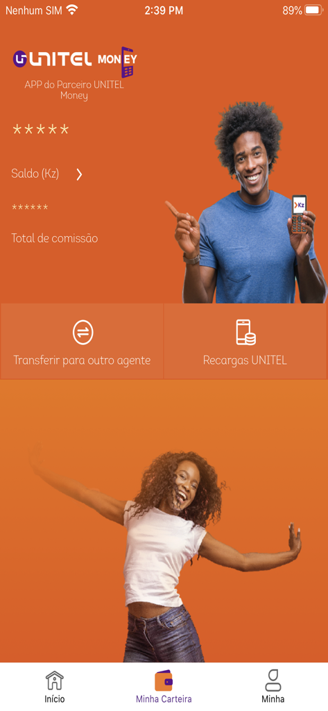 UNITEL Money Parceiros - Pantalla de inicio de la aplicación móvil Unitel Money Parceiros mostrando el saldo del agente y opciones para transferencias y recargas