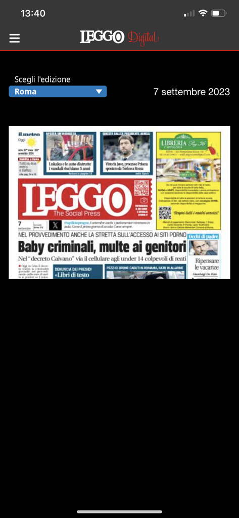 Interface de l'application Leggo Digital montrant la sélection de l'édition de Rome et la réplique de la première page du journal.