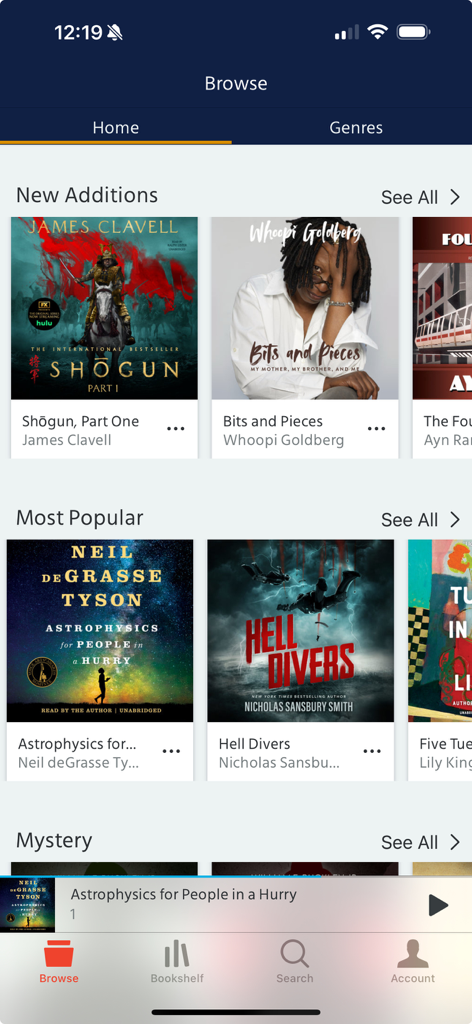 Blackstone Unlimited - The browse screen of the Blackstone Unlimited app showing popular and new audiobook titles like Shogun and Astrophysics for People in a Hurry.