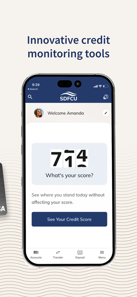 SDFCU Digital Banking - SDFCU Digital Banking app screen showing an innovative credit monitoring tool and credit score check feature.