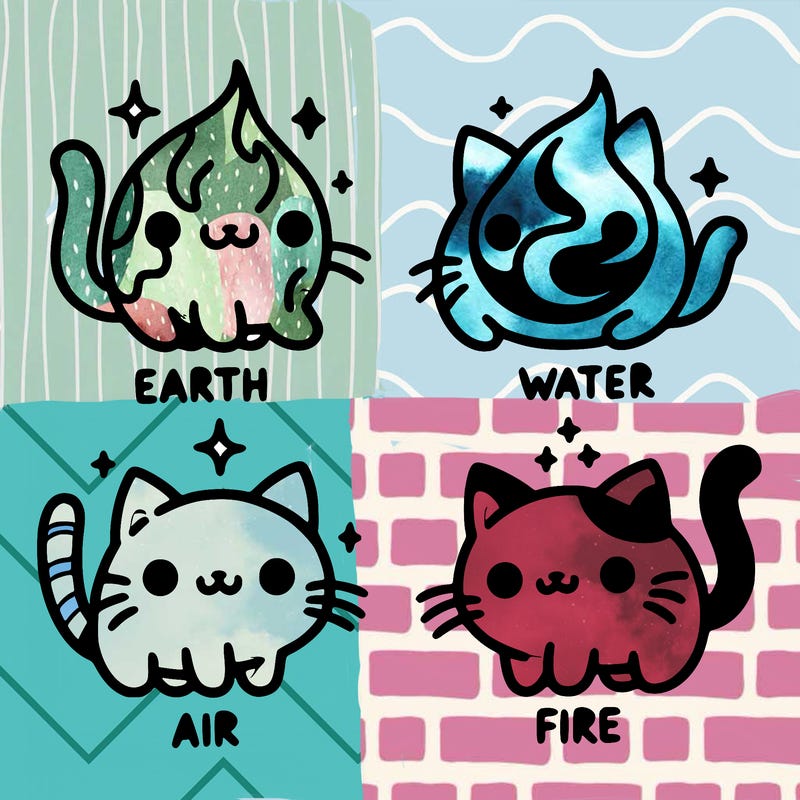 4 cats that represent the different elements, earth, water, air, and fire